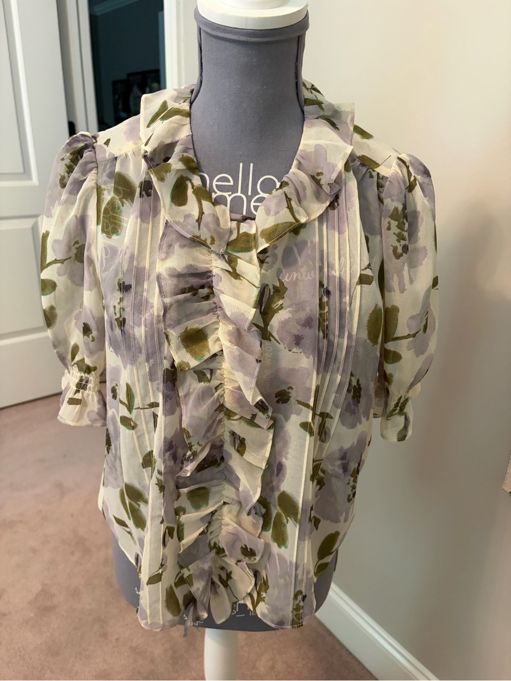 CAbi Cream Blouse with Lavender and Olive Floral Ruffles